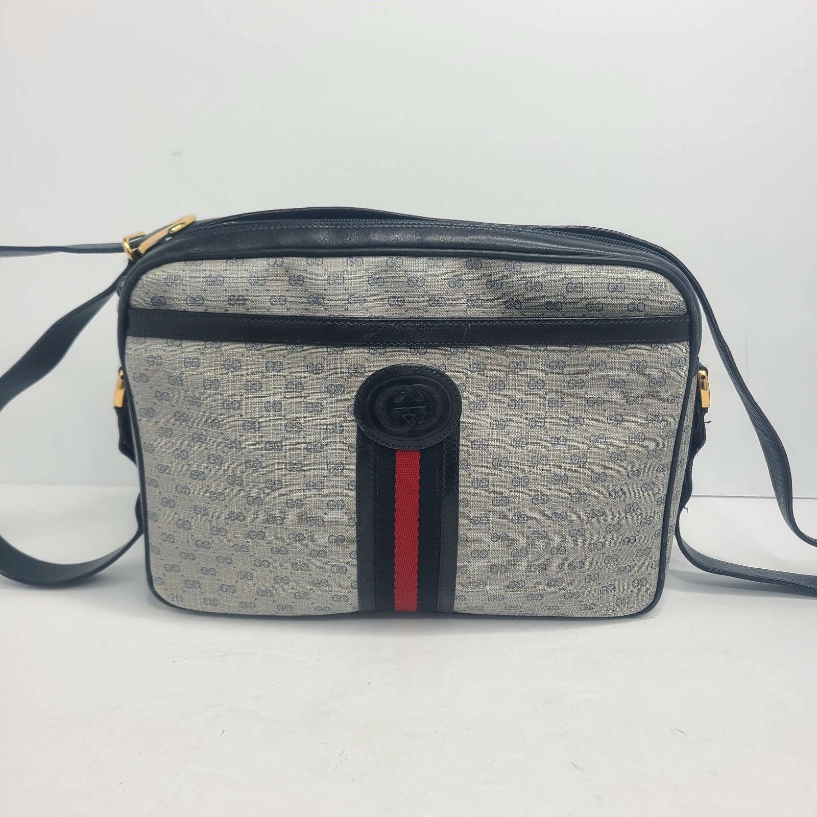 Gucci Micro Web Gg Monogram Crossbody Bag Canvas Navy Gold Vintage Italy